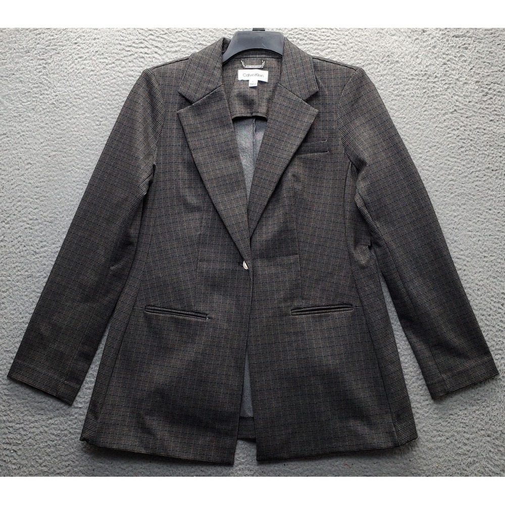 Calvin Klein Blazer Jacket Women L Multi Houndstooth Notch Lapel Single Breasted